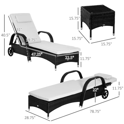 Outsunny Patio Rattan Lounge Set has a Wheeled Wicker Chaise Lounge Chair and A Table with A Tempered Glass Top, White