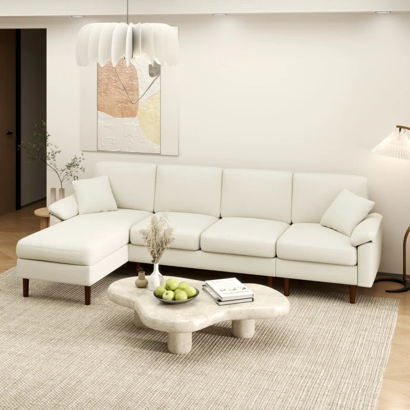 HOMCOM L-Shape Sofa, Modern Sectional Couch with Changeable Chaise Lounge, Pillows and Wooden Legs for Living Room, Cream White