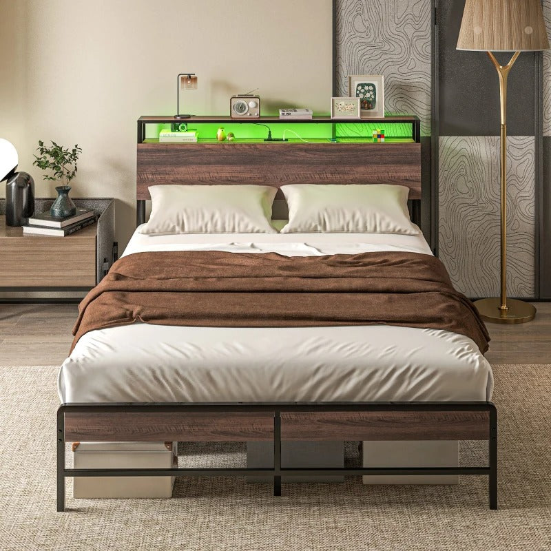 HOMCOM Queen Size Bed Frame with LED Lights and Charging Station, Queen Bed Frame with Storage Headboard, Noise-Free, Walnut