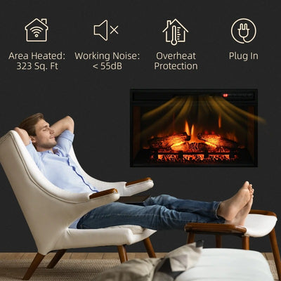 HOMCOM 27" Electric Fireplace Insert, Retro Recessed Fireplace Heater with Realistic Log Flame, Remote Control, Adjustable Brightness, 1400W, Black