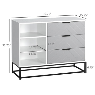 HOMCOM Modern Storage Cabinet with 3 Chevron Pattern Drawers and 3 Open Selves, Accent Cabinet with Steel Base for Living Room, White