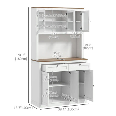 HOMCOM 71" Kitchen Pantry Cabinet with Microwave Space, Buffet with Hutch, 2 Drawers, Adjustable Shelves and Glass Doors, White