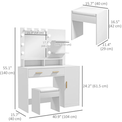 HOMCOM Illuminated Dressing Table Set, LED Vanity Table Set with Stool, LED Mirror, Drawer and Cabinet Shelves for Bedroom