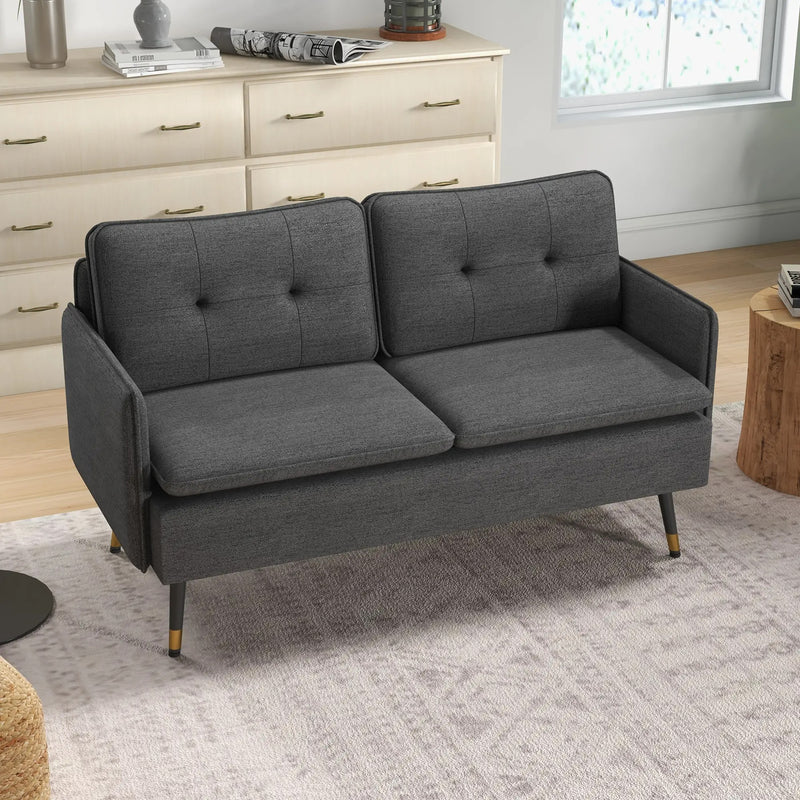 HOMCOM Modern 55" Loveseat, Fabric Love Seat Sofa with Button Tufted Back, Steel Legs for Bedroom, Living Room, Dark Grey