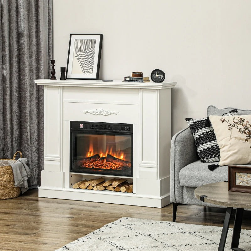 HOMCOM 46" Electric Fireplace with Mantel and Shelf, 1400W Fireplace Heater with Realistic Log and Flame Effect, White