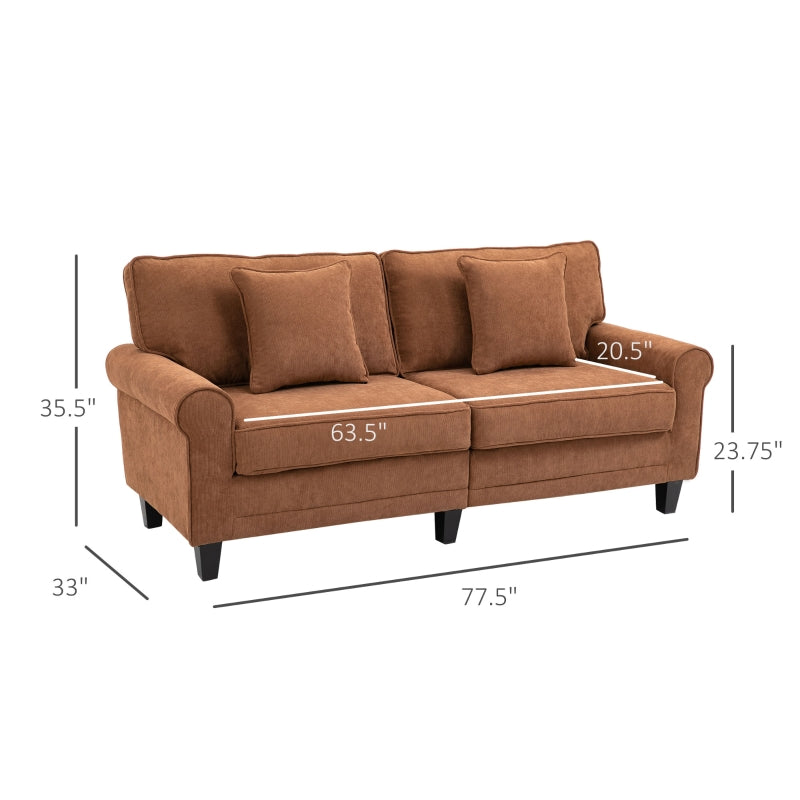 HOMCOM Modern Classic 3-Seater Sofa Corduroy Fabric Couch with Pine Wood Legs, Rolled Arms for Living Room, Brown