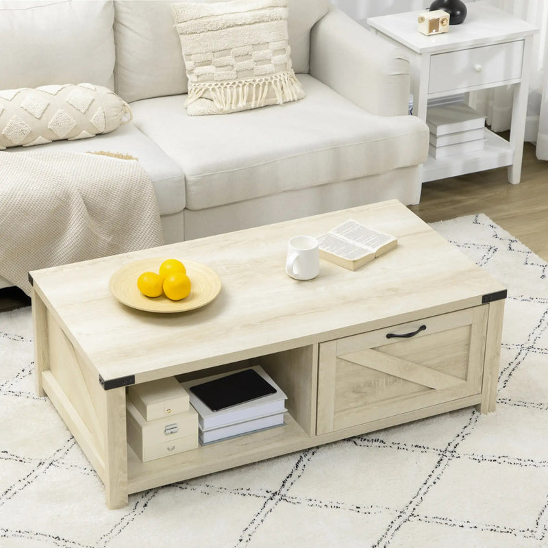 HOMCOM Industrial Coffee Table Side End Table with Drawer, Open Storage Shelf, Modern Farmhouse Furniture, for Living Room, Dining Room, Office, White Oak