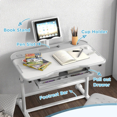 Qaba Height Adjustable Kids Desk and Chair Set with Tilt Desktop, Large Writing Board, Storage Drawer, Book Stand, Grey