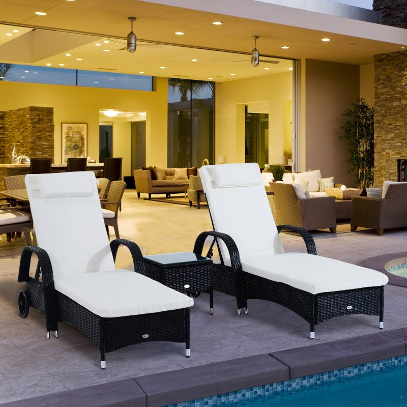 Outsunny Patio Rattan Lounge Set has a Wheeled Wicker Chaise Lounge Chair and A Table with A Tempered Glass Top, White