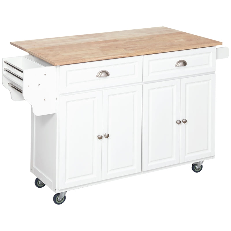 HOMCOM Rolling Kitchen Island on Wheels Utility Cart with Drop-Leaf, Rubber Wood Countertop, Storage Drawers, Door Cabinets and Adjustable Shelves, White