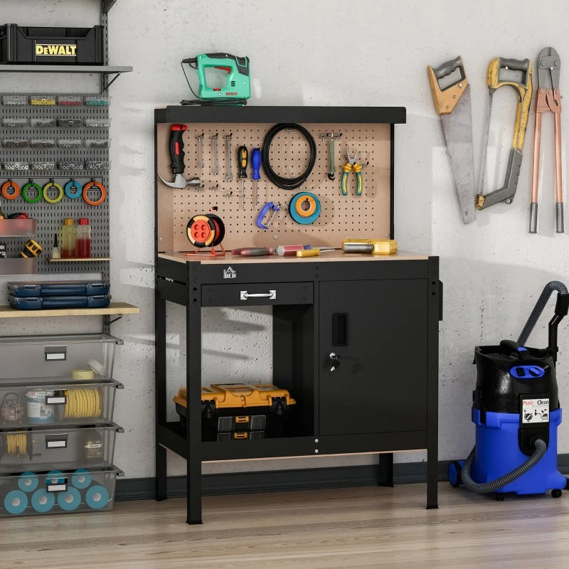 HOMCOM Multipurpose Tool Workbench for Garage, Garage Bench with Storage Drawer, Peg Board, Lockable Cabinet