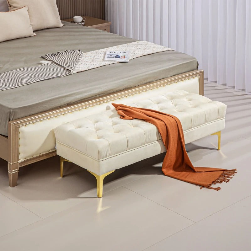 HOMCOM End of Bed Bench, Upholstered Bench, Entryway Shoe Bench with Button Tufted for Living Room, Bedroom, Cream White