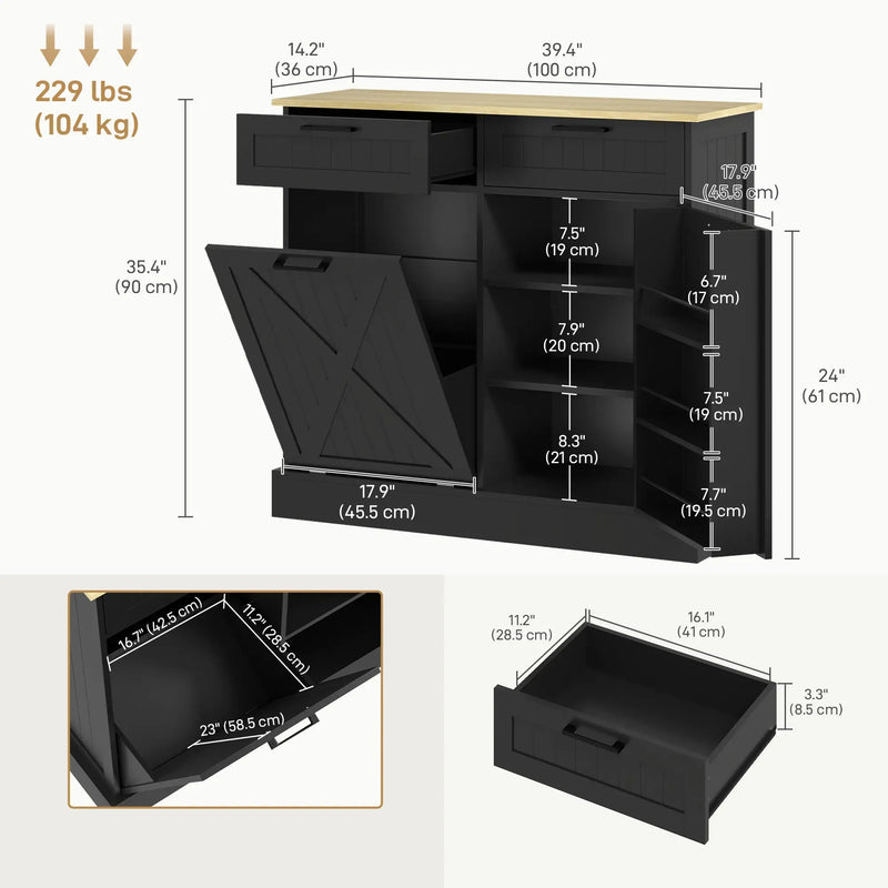 HOMCOM Hidden Garbage Bin Cabinet, Tilt Out Trash Cabinet w/ 2 Drawers, Freestanding Kitchen Island for Laundry, Black