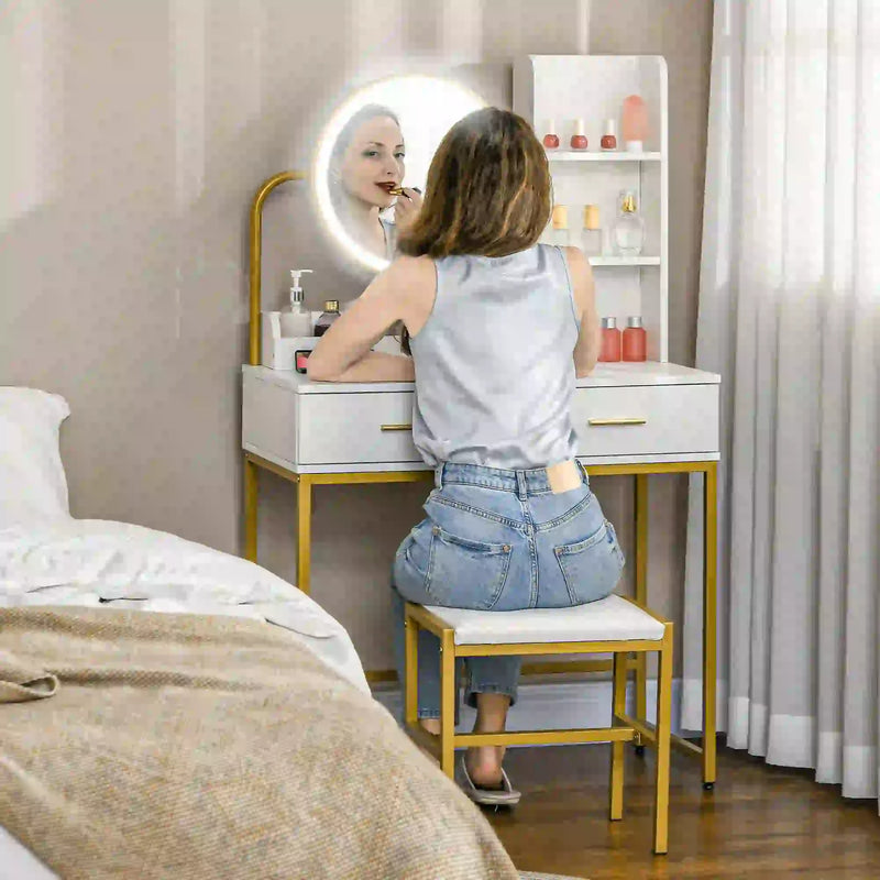 HOMCOM Makeup Vanity Desk Set with Mirror, Stool, LED Lights, Drawers, Shelves, Dressing Table for Bedroom, White