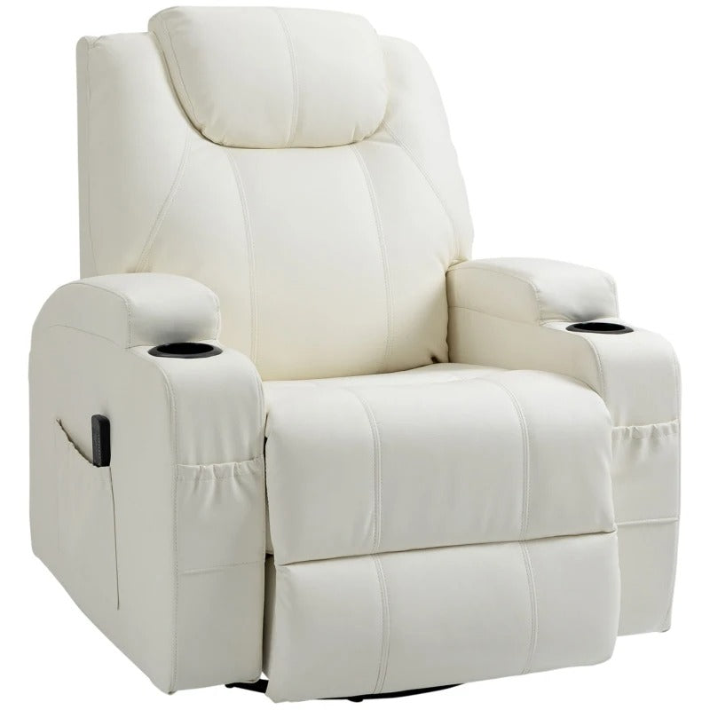 HOMCOM Massage Recliner Chair for Living Room with 8 Vibration Points, PU Leather Swivel Rocker Manual Reclining Chair with Cup Holders, Cream White