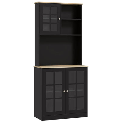 HOMCOM Kitchen Buffet with Hutch, Storage Pantry with 3 Cabinets, 2 Open Shelves and Large Countertop, Black