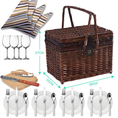 Wicker 4 Person Picnic Basket Folding Handle Outdoor Corporate Gift Blanket Park