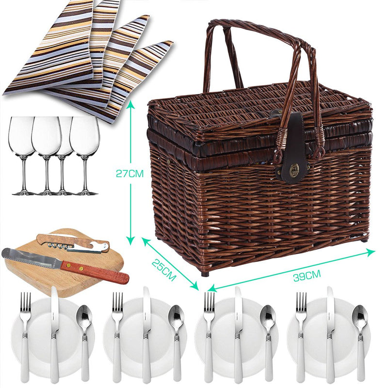 Wicker 4 Person Picnic Basket Folding Handle Outdoor Corporate Gift Blanket Park