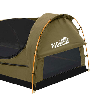 Mountview Camping Swags Canvas Swag Tent Kings Pole with Awning Double Khaki