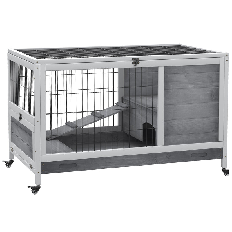 Indoor Rabbit Hutch on Wheels 35.5&quot; Bunny Cage w/ Pull Out Tray Ramp