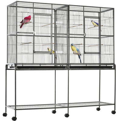 Rolling Bird Cage w/ Storage Shelf, Wood Perch, Food Container