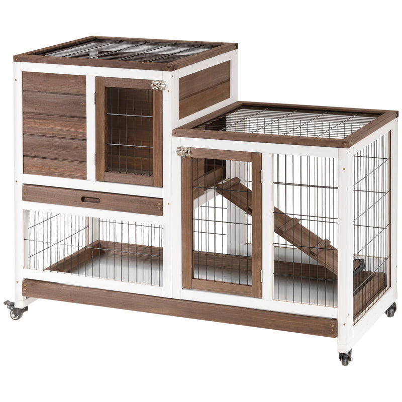 Indoor Rabbit Hutch Bunny Cage with Run Pull Out Tray Casters Ramp