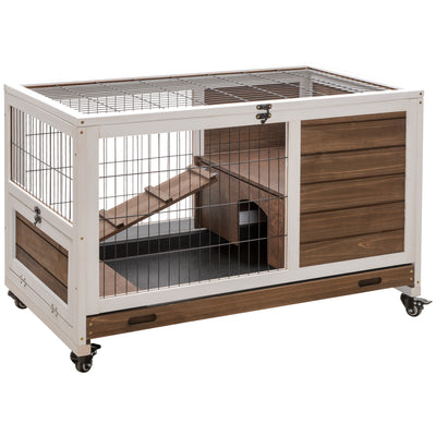 Indoor Rabbit Hutch on Wheels 35.5&quot; Bunny Cage w/ Pull Out Tray Ramp