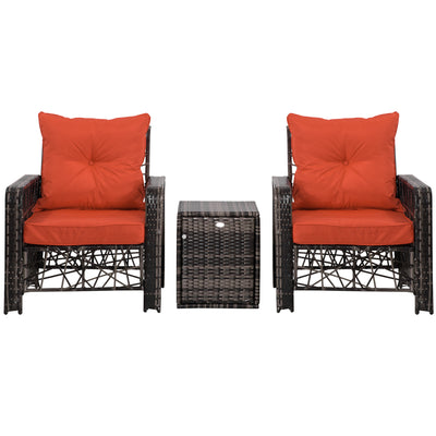 3 PCS Patio Wicker Coffee Table Set Conversation Bistro Furniture w/ Cushion