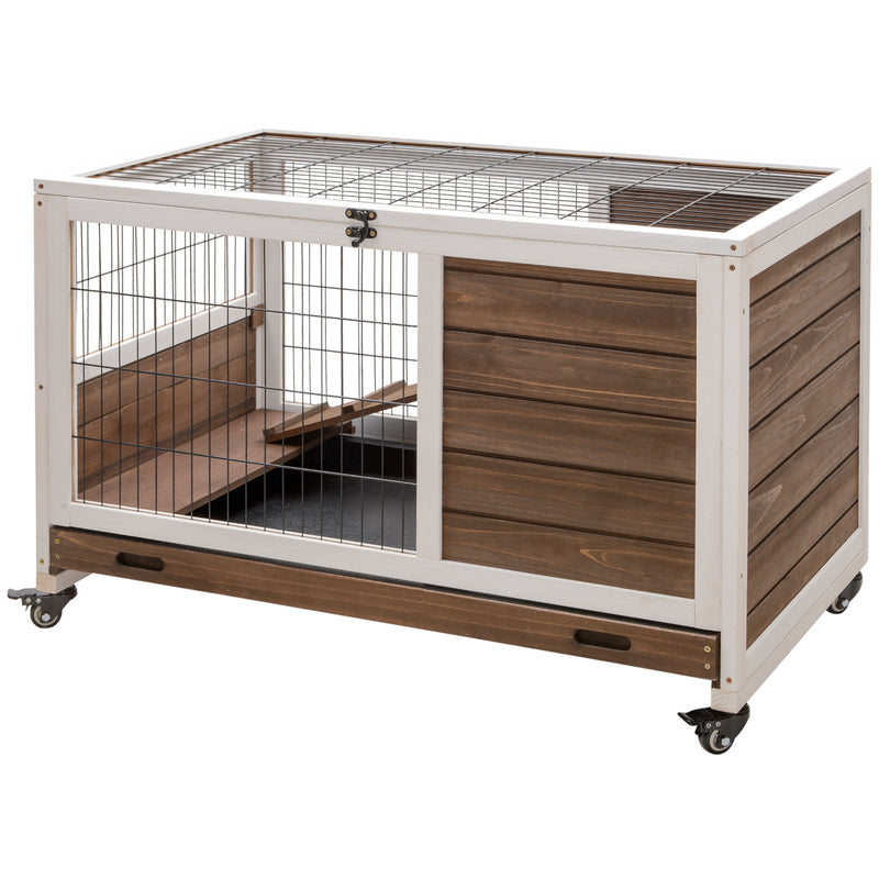 Indoor Rabbit Hutch on Wheels 35.5&quot; Bunny Cage w/ Pull Out Tray Ramp