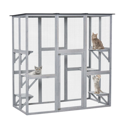 Large Catio Enclosure Shelter Cage w/ Weather Protection, 6 Cat Platforms