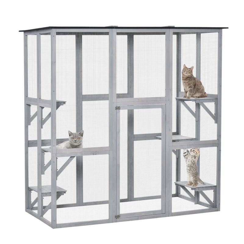 Large Catio Enclosure Shelter Cage w/ Weather Protection, 6 Cat Platforms