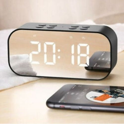 Wireless Bluetooth Speaker Mirror Surface Dual Alarm Clock LED USB TF MP3 Player