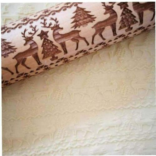 Christmas Elk Print Rolling Pin Engraved Wood Embossing Embossed XMAS Cake Wood