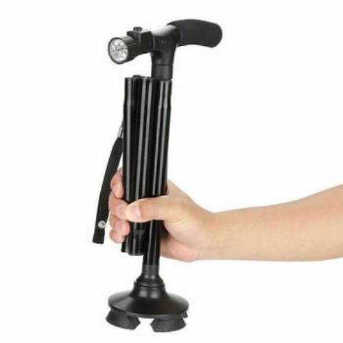 Walking Stick Cane Folding With Light LED Strap Handle Black Metal Adjustable CA