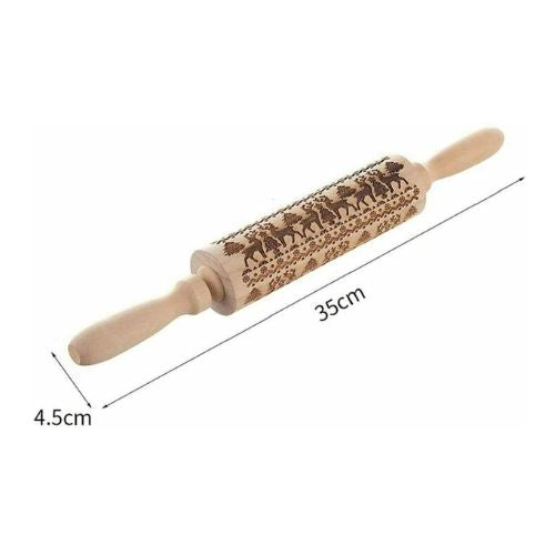 Christmas Elk Print Rolling Pin Engraved Wood Embossing Embossed for DIY Cookies