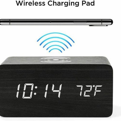 Alarm Clock With Wireless Charging Wooden Digital Bedroom Wood Electric LED CA
