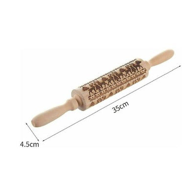 Christmas Elk Print Rolling Pin Engraved Wood Embossing Embossed XMAS Cake Wood