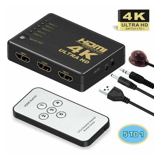 4K HDMI 2.0 Cable Splitter Switch Box Hub 3D IR Remote Control 5X1 Power 5 to 1