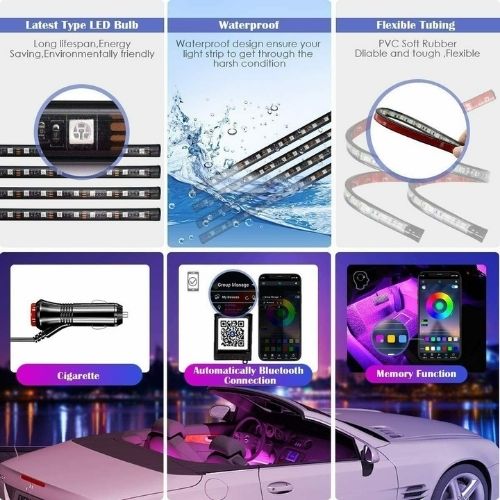 4pcs String RGB 48 LED Strip Under Car Underglow System Light Kit APP Control