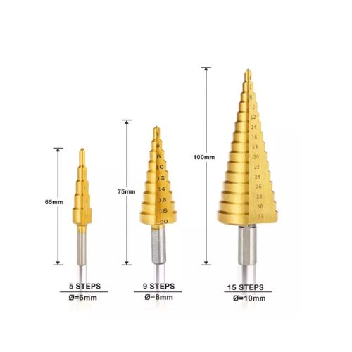 3Pcs Step Drill Bit Set High Speed Steel Titanium Coated Cobalt Steps Hole Cutter