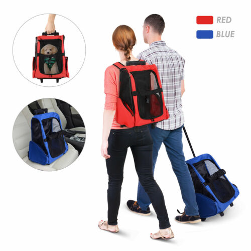 Pet Luggage Box Dog Cat Travel Backpack Carrier w/Rolling Wheels Stand
