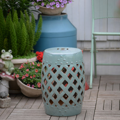 13" Ceramic Indoor Outdoor Patio Lattice Garden Stool End Table Garden Decor