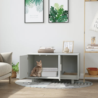 Indoor Feline Cat Box Furniture Kitty Table w/ Scratch &amp; Magnetic Doors