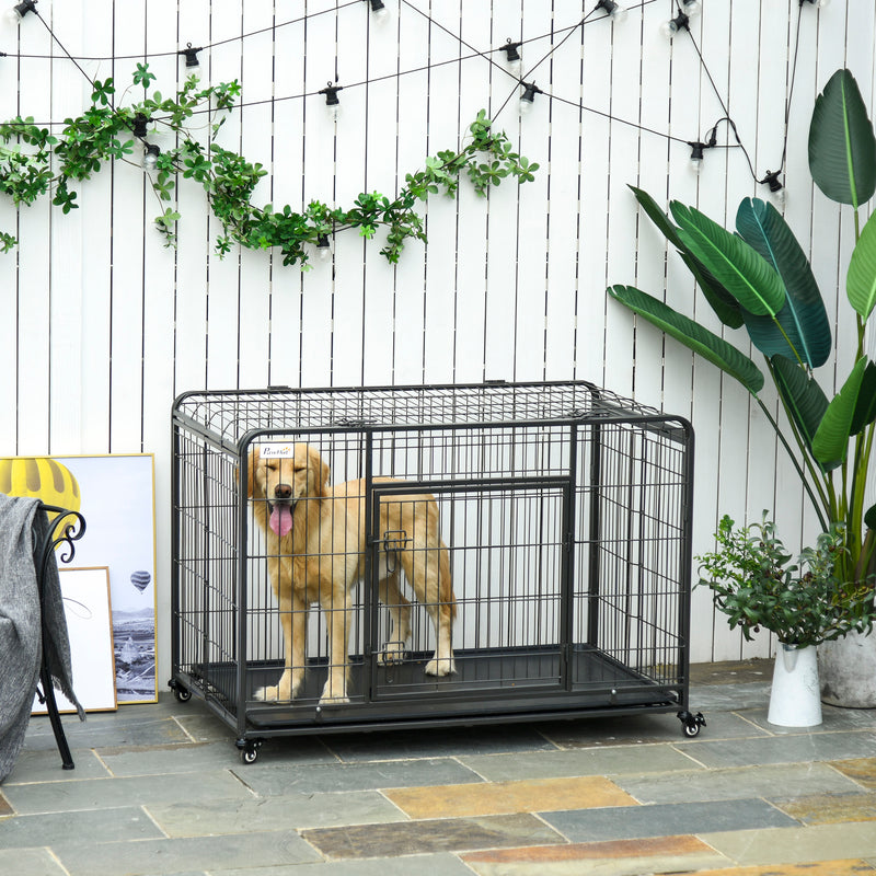 Indoor Grey Puppy Kennel w/ 4 Wheels &amp; Easy Folding Design