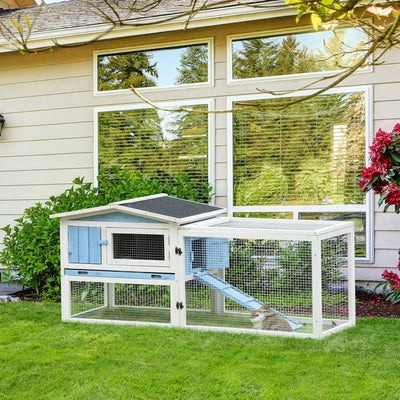 2-Story Rabbit Hutch Outdoor w/ Slide Out Tray, Detachable Run, Ramp