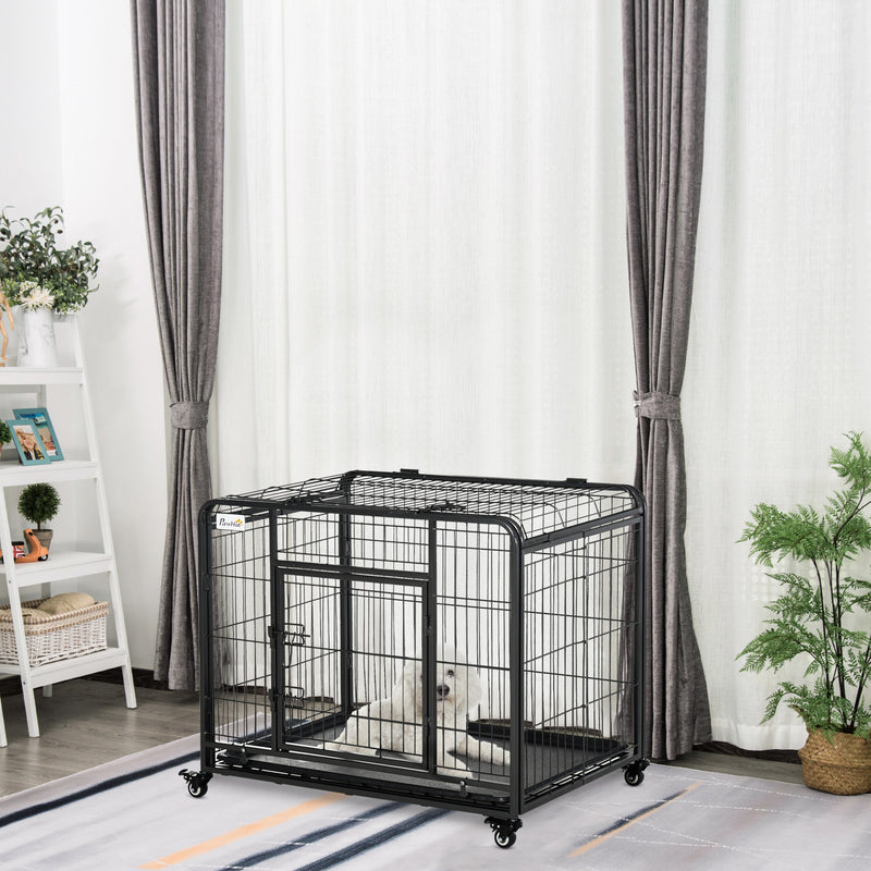 Indoor Grey Puppy Kennel w/ 4 Wheels &amp; Easy Folding Design