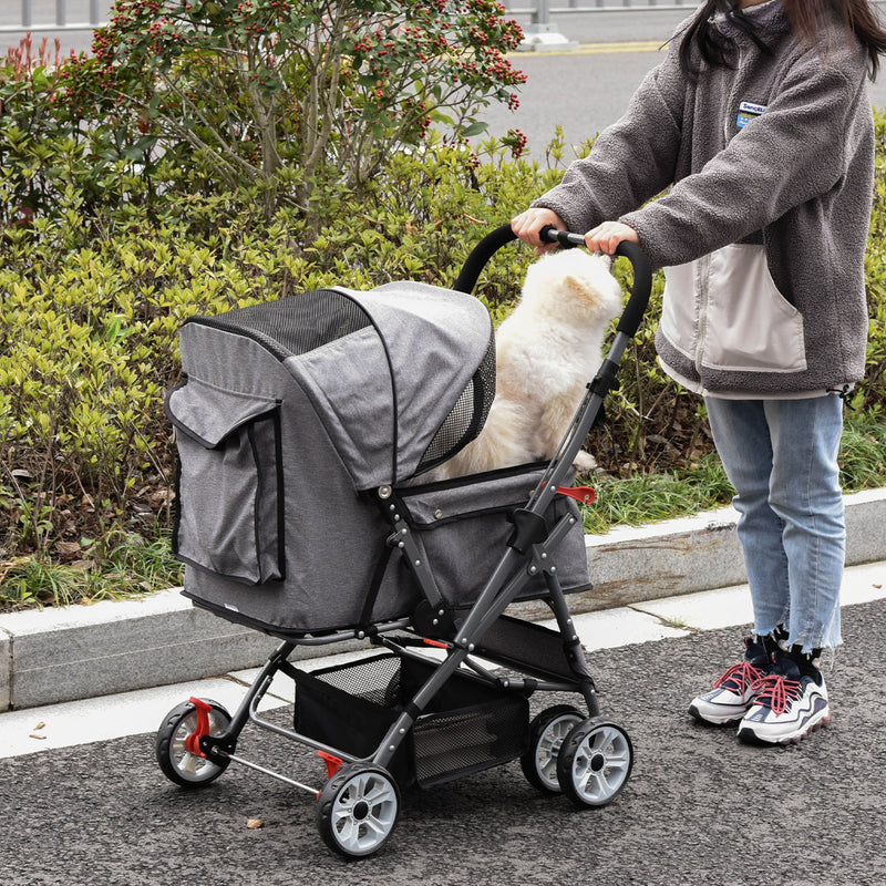 Pet Stroller Portable Carriage w/ Storage &amp; Basket Adjustable Push Handle