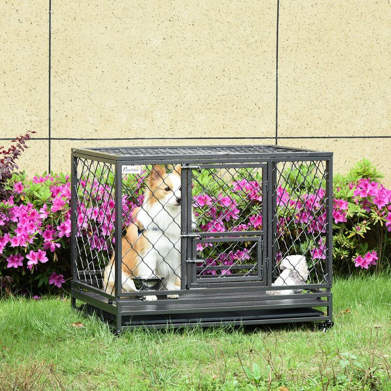 Steel Dog Kennel Collapsible with Easy-Open Top Hatch and Slide Out Tray, Black