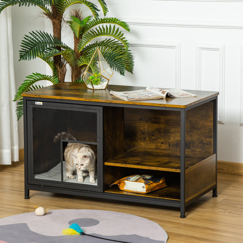 Wooden Cat House End Table, Elevated Kennel Pet Bed w/ Removable Cushion