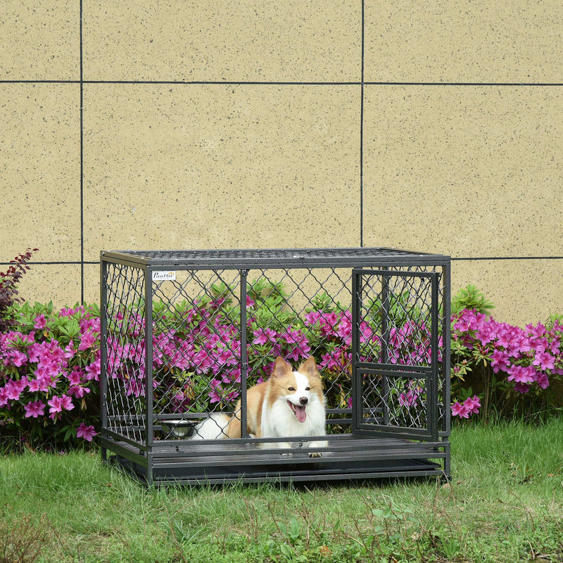 Steel Dog Kennel Collapsible with Easy-Open Top Hatch and Slide Out Tray, Black